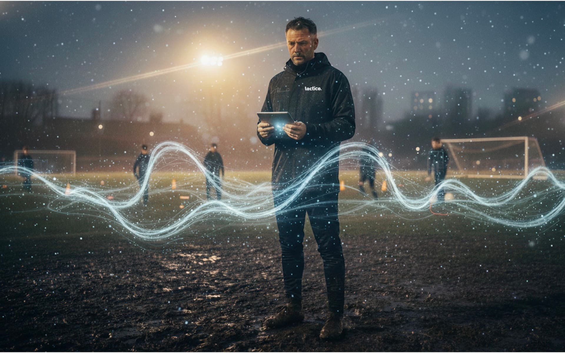 AI-powered football analytics dashboard showing tactical formations and player performance metrics, representing the democratization of Premier League-level data analysis now available to UK grassroots coaches through affordable technology platforms