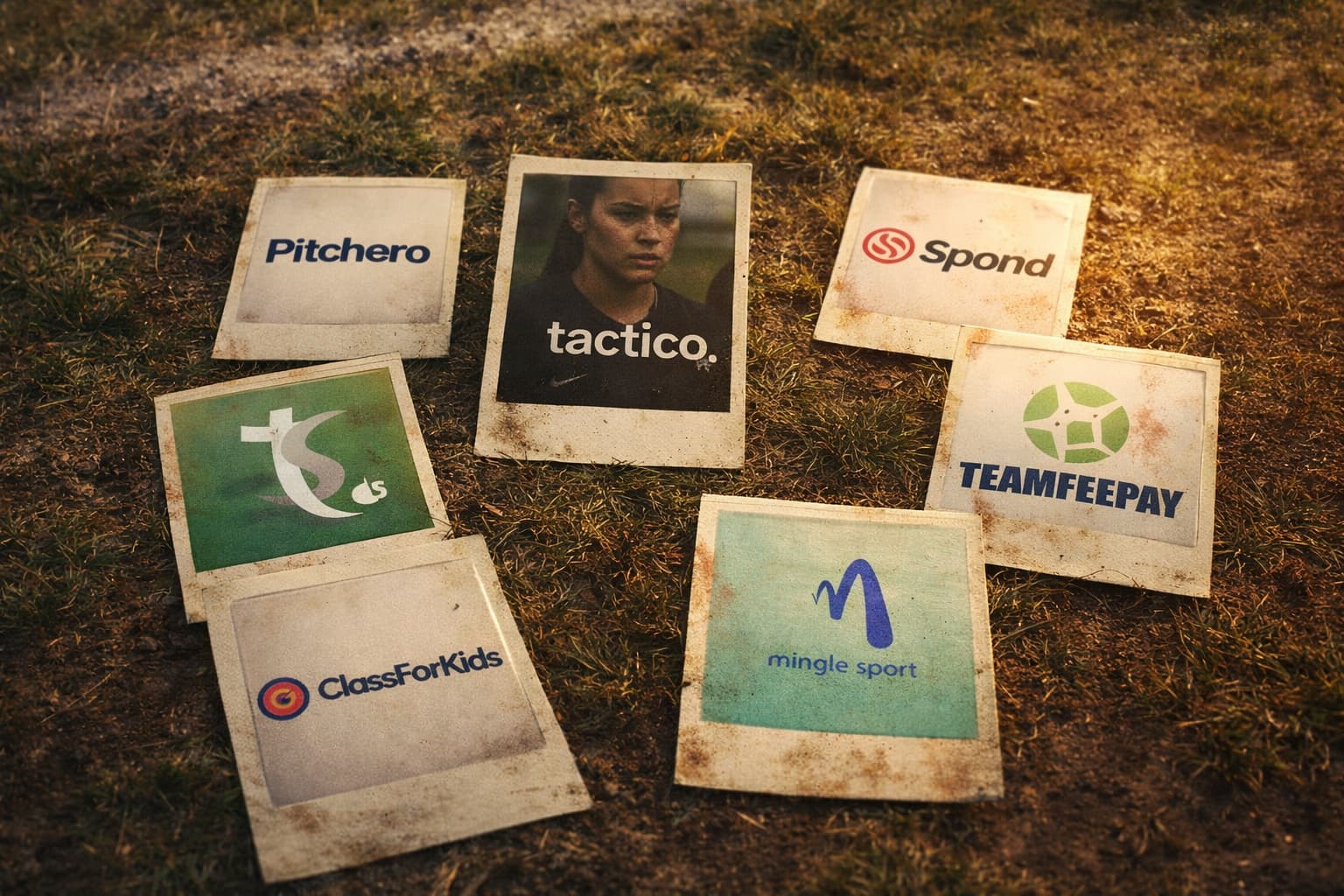 Various football team management app logos including tactico, Pitchero, TeamFeePay and others displayed as polaroid photos on a grass football pitch, representing the comprehensive 2026 review