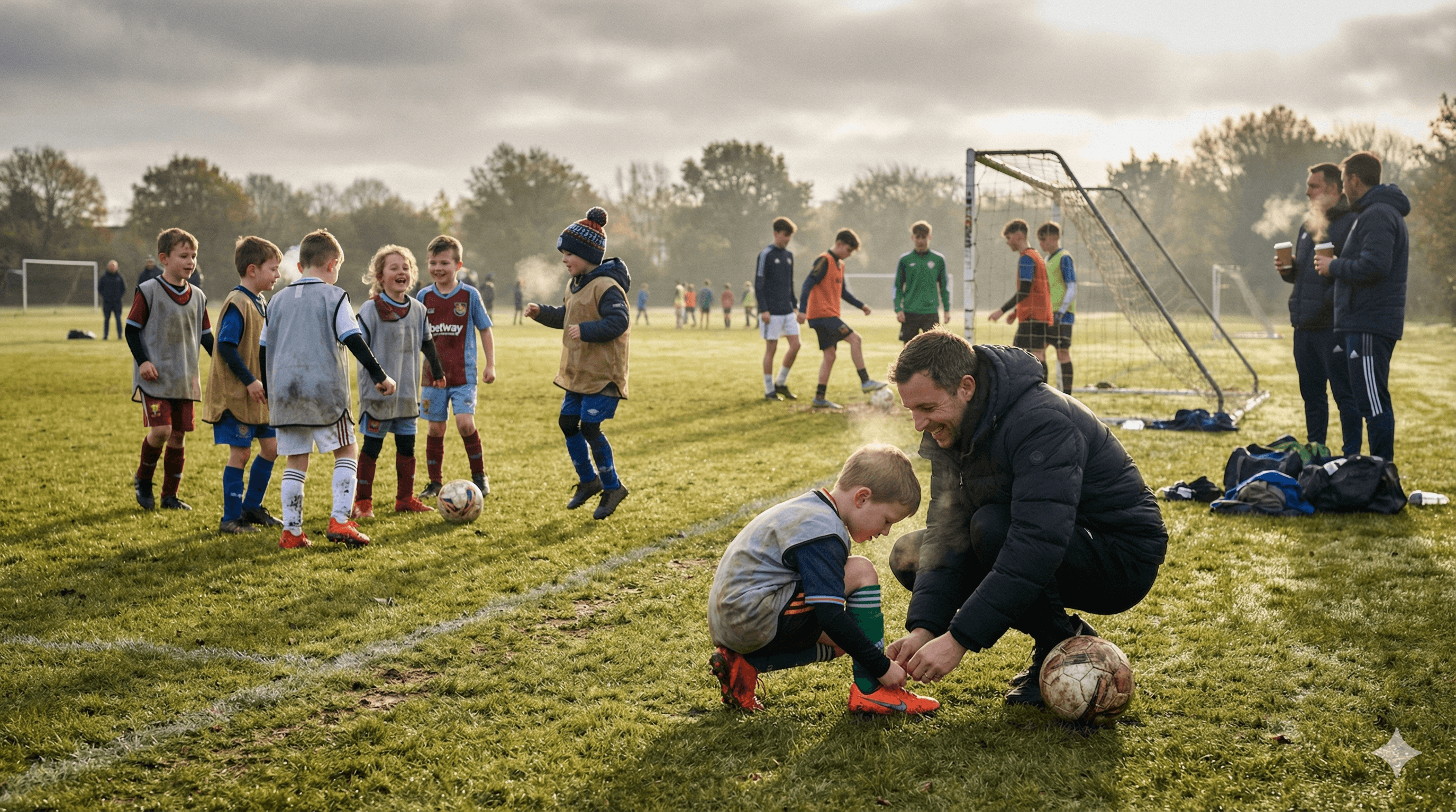 Grassroots youth football training session showing a coach helping a young player tie their boots while teammates practice in the background, capturing the joy, connection, and supportive environment that makes grassroots football special for children across the UK