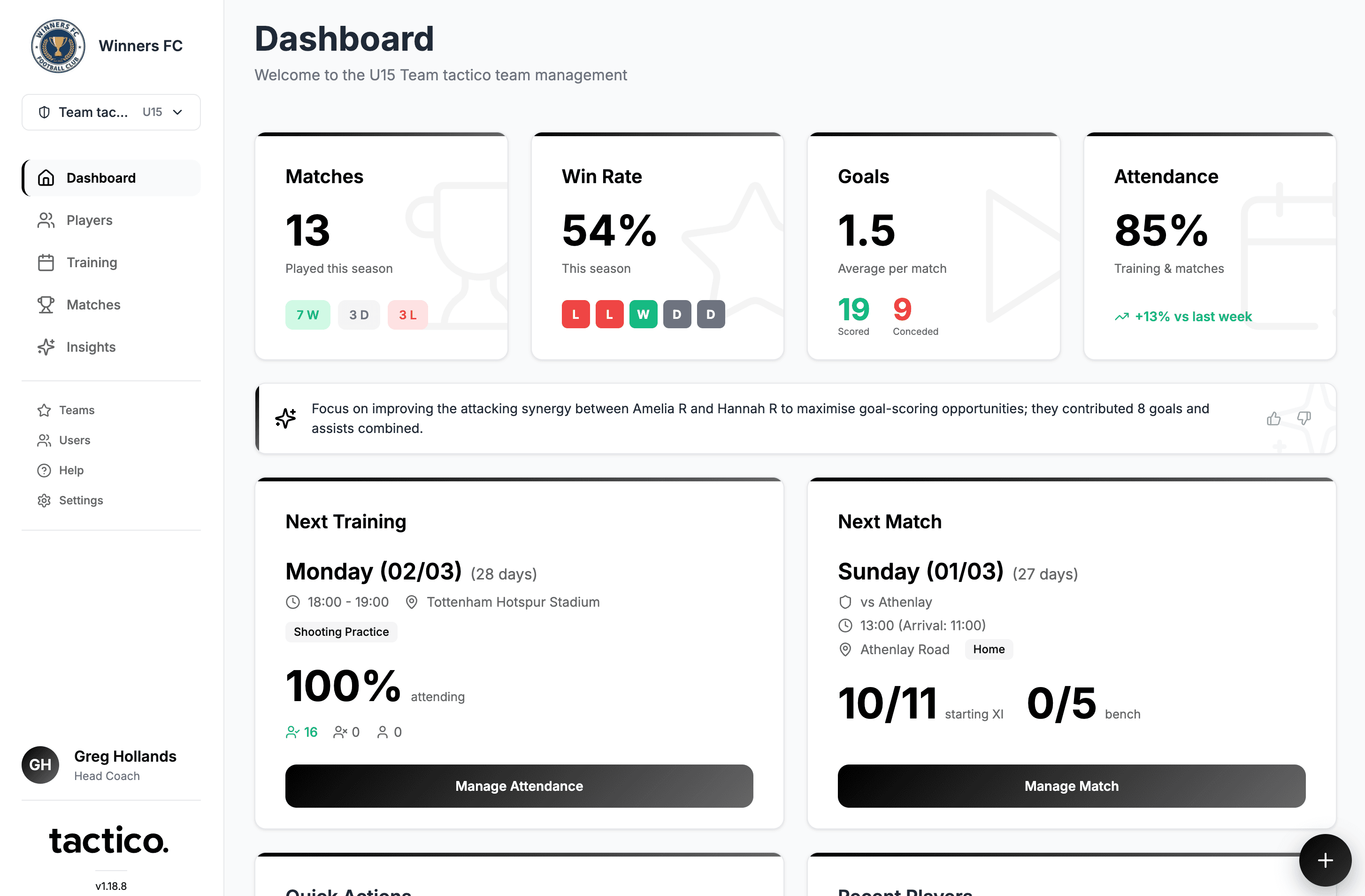 tactico dashboard showing team management features