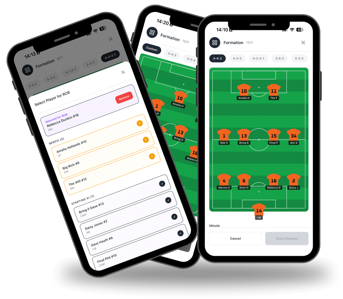 tactico Formation builder showing a 4-4-2 formation with player positions