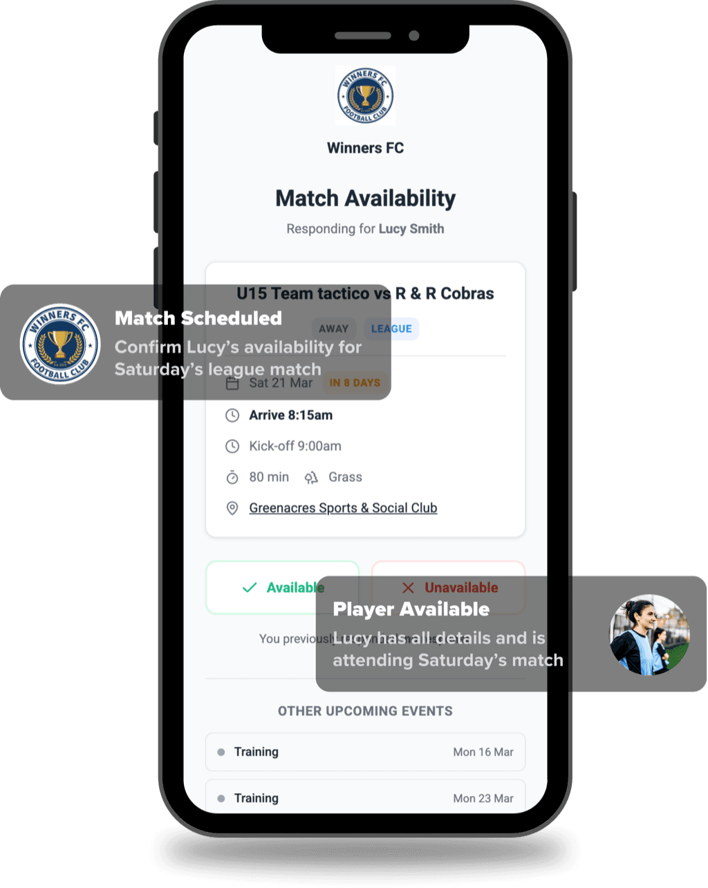 tactico match scheduling interface showing upcoming matches and results