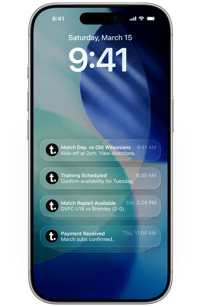 iPhone lock screen showing tactico push notifications for match day, training, match reports and payments