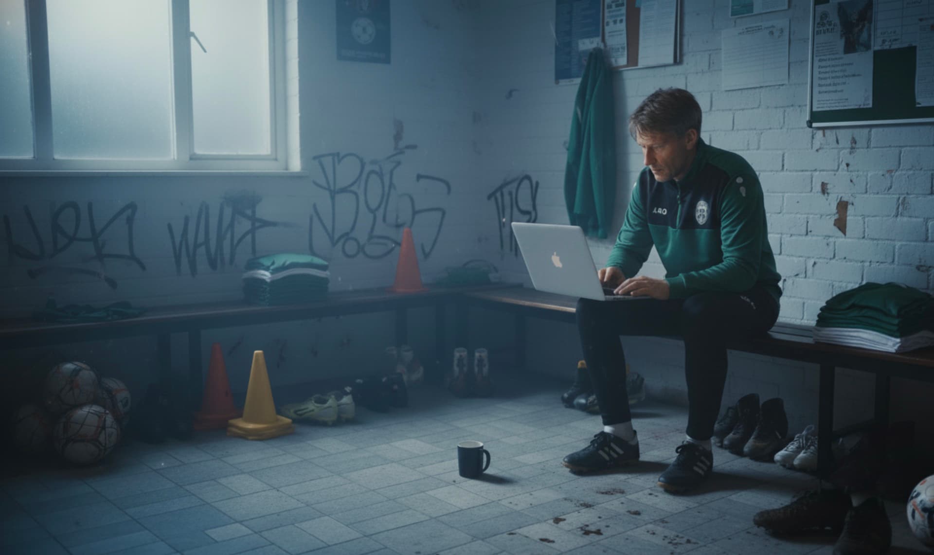 Grassroots football coach working on laptop in gritty urban environment, representing the administrative burden that steals time from coaching on the pitch