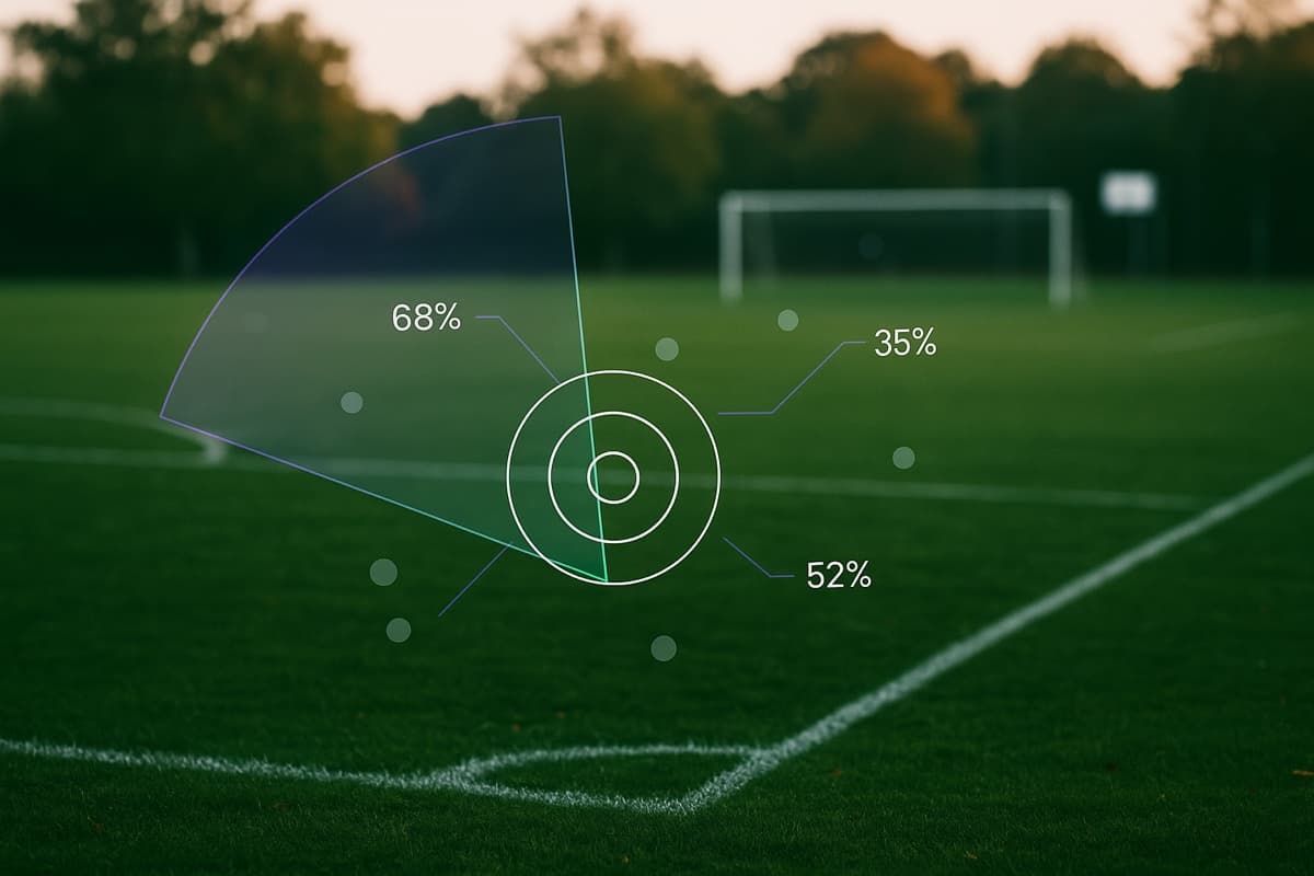 Football pitch with tactical analysis overlay showing player positions and movement patterns with percentage statistics, representing AI-powered tactical insights that are transforming modern football coaching