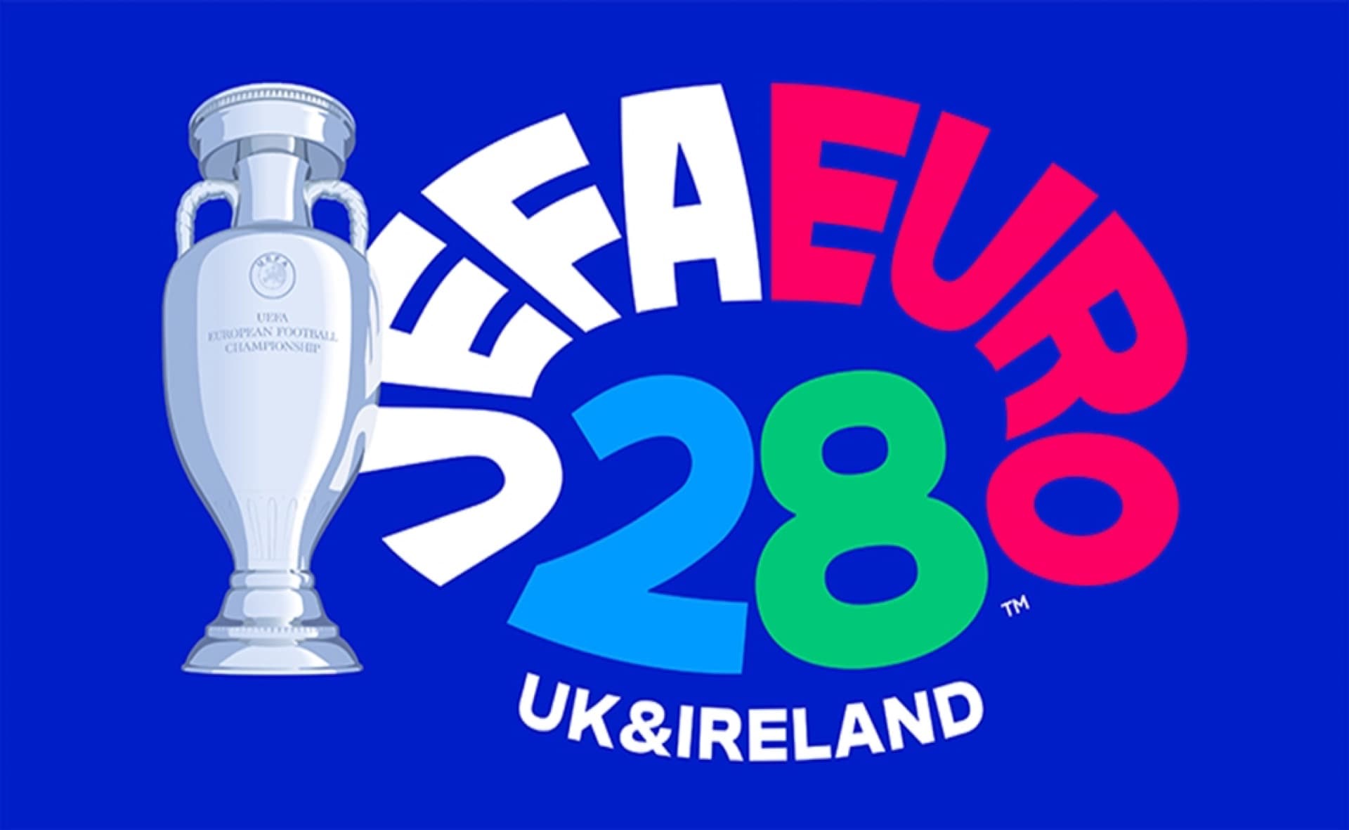 UEFA EURO 2028 official logo featuring vibrant blue background with stylized tournament text and iconic Henri Delaunay Trophy, representing the largest-ever European Championship with 51 matches across UK and Ireland bringing unprecedented £45 million grassroots legacy investment to community football clubs