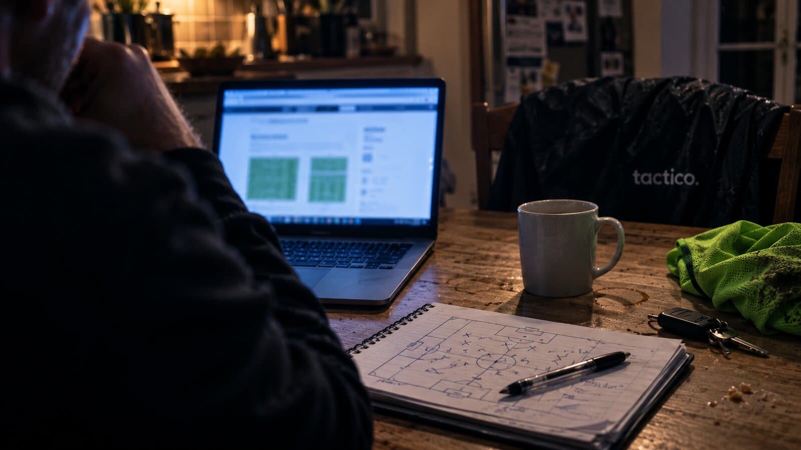Grassroots football coach planning pre-season on a laptop at a kitchen table late in the evening - preparing for Future Fit 2026/27 format changes at U11 7v7 and U13 9v9