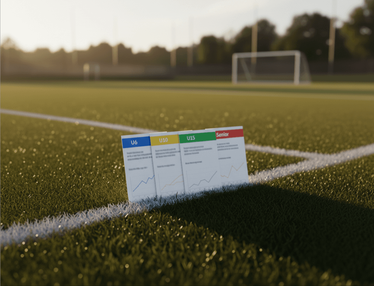 tactico Football Age Group Templates interface showing comprehensive age group selector from U6 to Senior with detailed match formats, pitch sizes, and FA-approved guidelines for grassroots football coaches