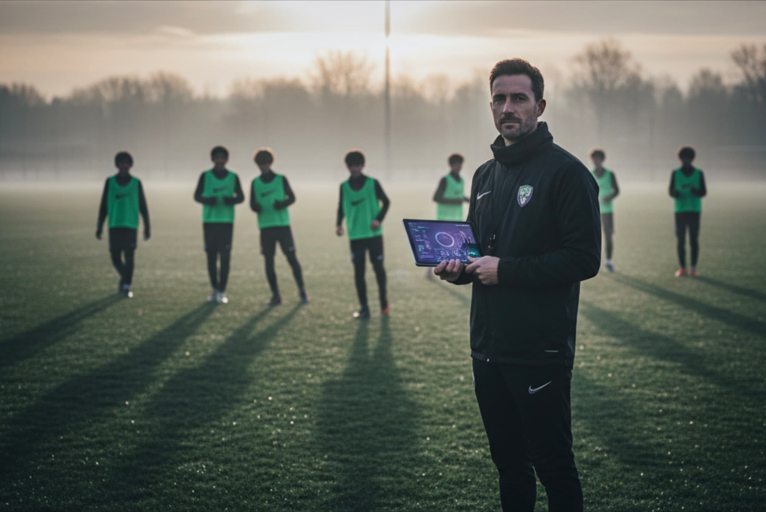Grassroots football coach using digital technology on tablet during early morning training session with team in background, representing the balance between modern coaching tools and traditional football values