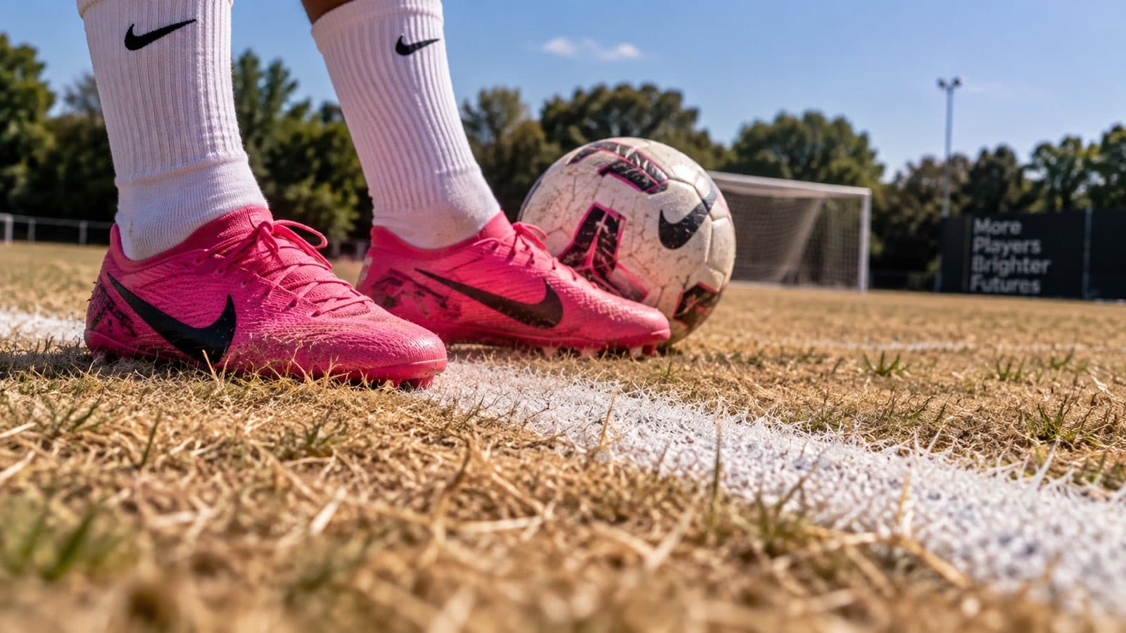 Bright hot pink football boots on dry, sun-bleached grass at the start of the 2026/27 grassroots season