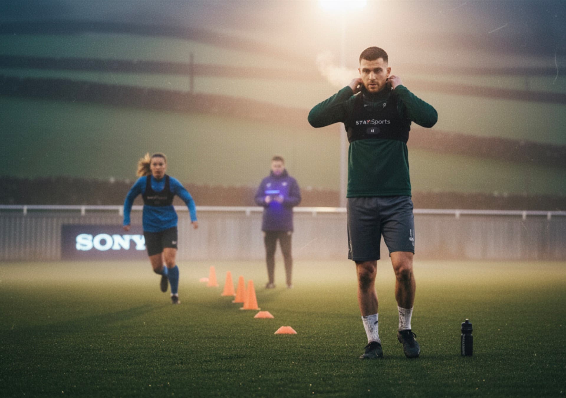 Football player wearing STATSports GPS performance tracking vest during training session at Sony-branded facility, representing the convergence of hardware data collection and AI-driven coaching intelligence