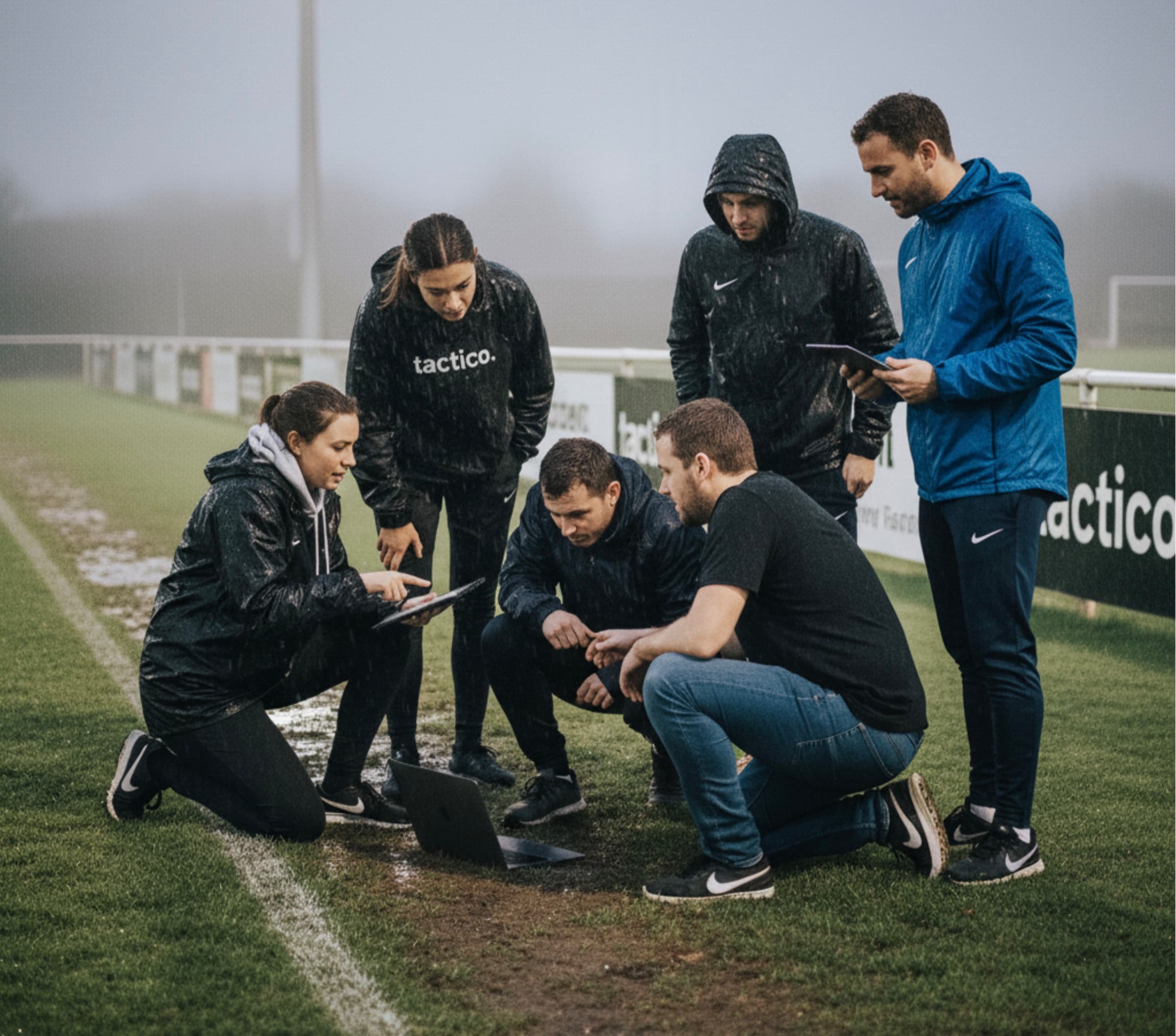 tactico founders Rob Hollands, Greg Hollands, and Paul O'Connor collaborating on football team management platform development