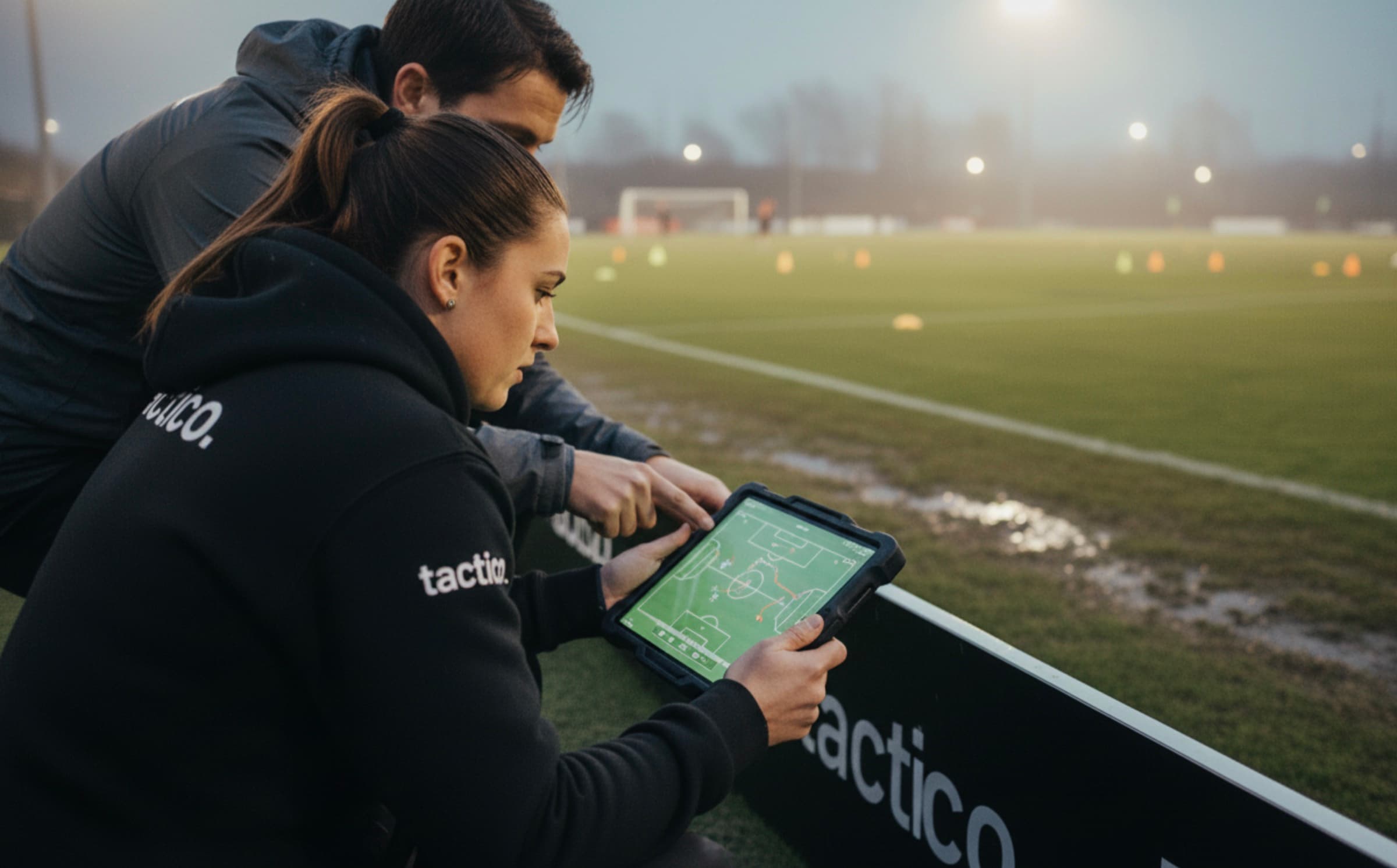 Football coach working pitch-side with tactico platform - tactical planning and player development in grassroots sport