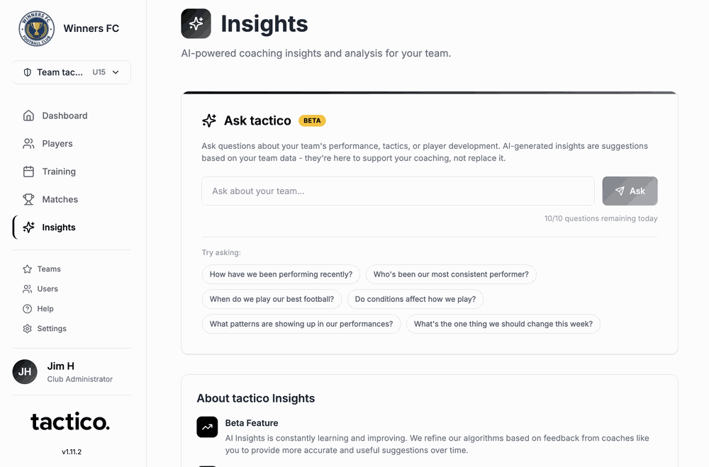 Ask tactico AI interface showing coaching insights and suggested questions for grassroots football teams