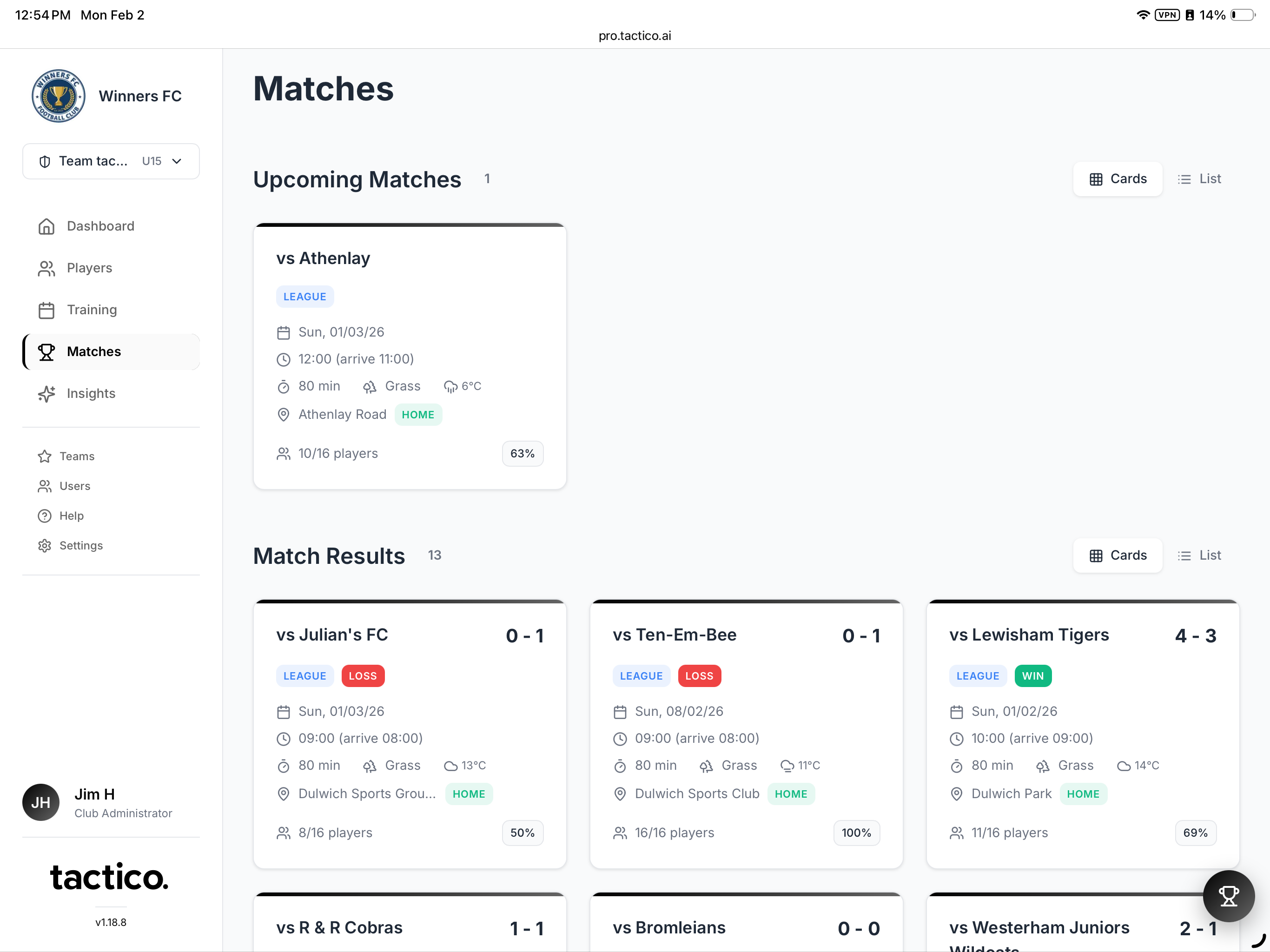 tactico match scheduling interface showing upcoming matches and results