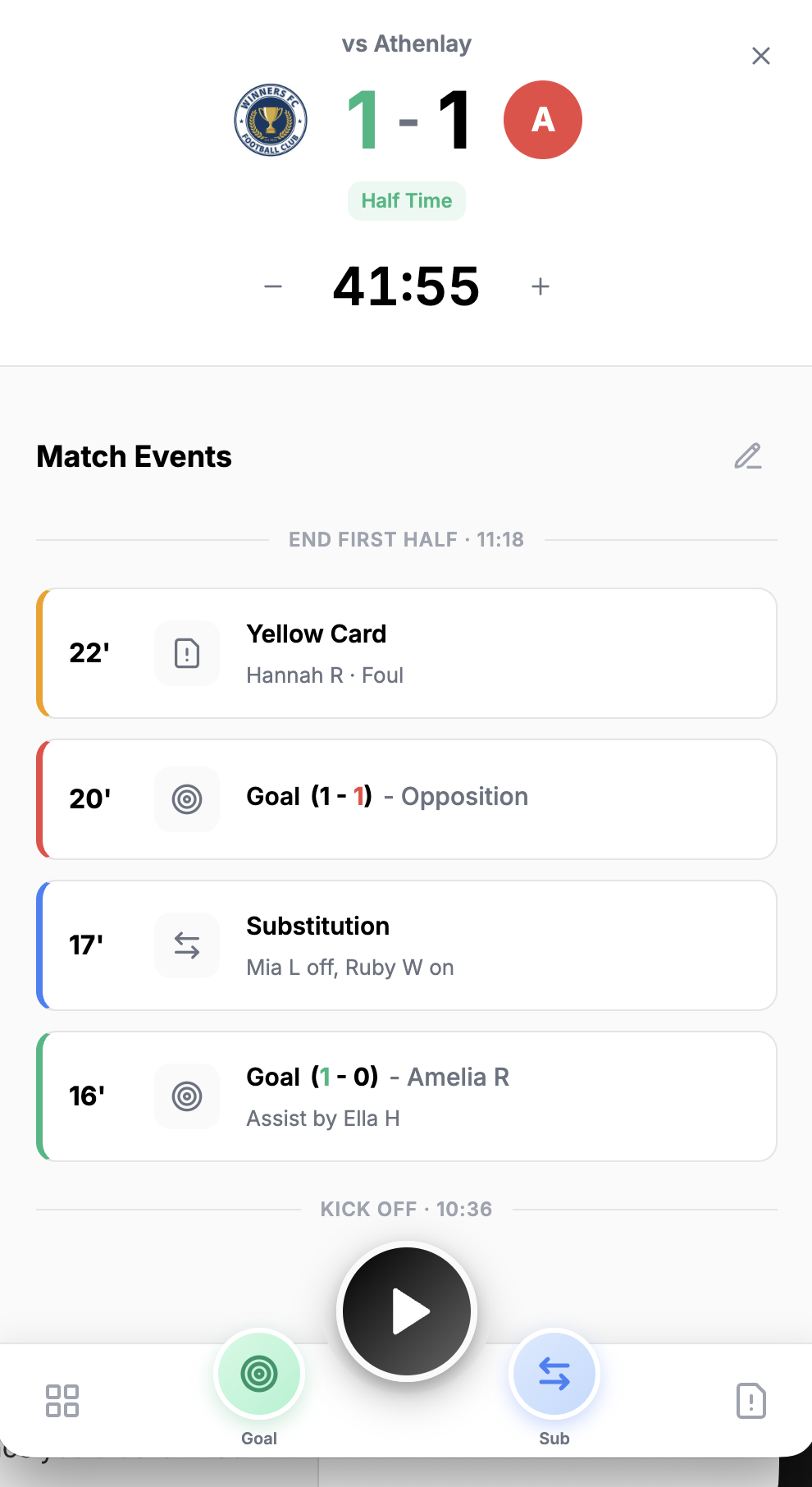 tactico Pitchside live match tracking interface